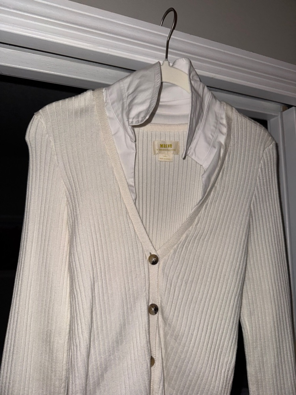 Maeve Cream Ribbed V-Neck Button Cardigan